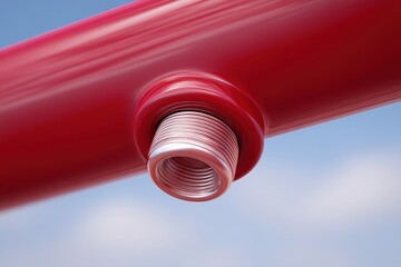 A close-up view of a vibrant red pipe connection showcasing metallic threading, clear details emphasizing industrial design and engineering precision reflecting modern functionality