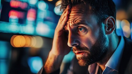 Overwhelmed Man in a Dark Environment