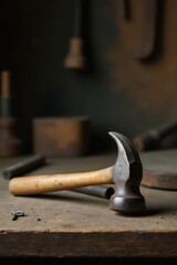 A well-worn claw hammer rests on a rustic workbench, surrounded by the quiet tools of a craftsman's past