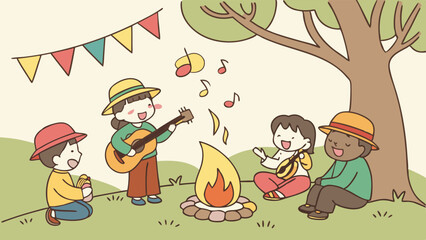 Cute hand drawn illustration diverse children singing campfire songs and playing music outdoors camping
