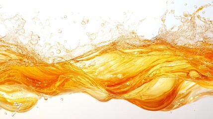Amber liquid flowing dynamically, creating a wave-like pattern with splashes and bubbles against a white backdrop