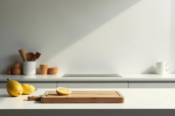Bright kitchen countertop with wooden cutting board, halved lemon, and whole lemons