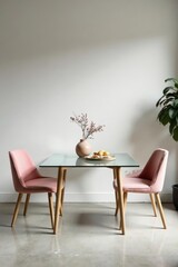 Minimalist Dining Room Decor  A Simple Table Setting with Pastel Pink Chairs and Dried Flowers