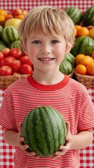 Fototapeta premium A smiling boy in a red striped shirt holds a watermelon at a fruit stand with baskets of colorful produce in the background.