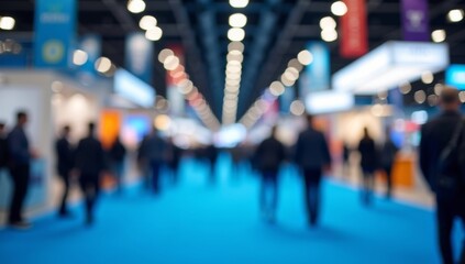 Blur, defocused background of public exhibition hall. Business tradeshow, job fair, or stock market. Organization or company event, commercial trading, or shopping mall marketing advertisement concept