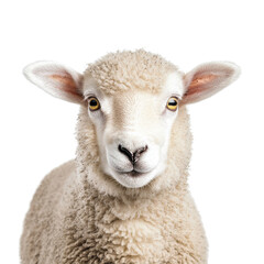 Obraz premium Fluffy sheep with soft wool coat and bright eyes, looking directly at camera, exuding calm and friendly demeanor