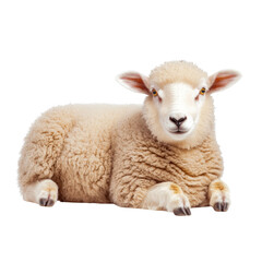 Fototapeta premium Fluffy sheep lying down, showcasing its soft wool and gentle expression, perfect for farm themed imagery