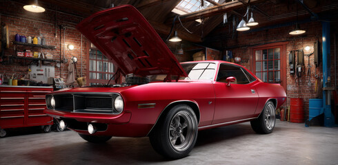 Photorealistic red muscle car with open hood is showcased in vintage garage, exuding sense of nostalgia and power