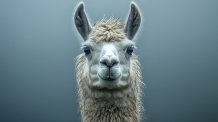 Obraz premium Close-up portrait of a calm llama with fluffy fur on a gray background