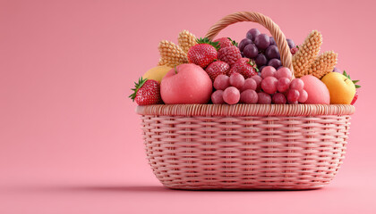 A woven basket filled with assorted fresh fruits sits against a pink background.