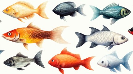 Naklejka premium Various species of fish swimming in colorful display in a bright setting near a calm water body during midday sun showcasing aquatic diversity