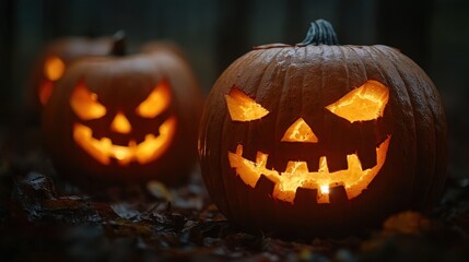Glowing jack-o'-lanterns with spooky faces illuminating dark halloween night