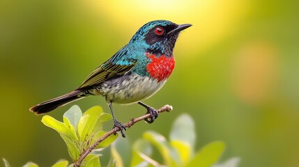 Fototapeta premium Colorful bird with blue and red plumage perched on branch