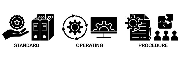 Obraz premium SOP icon set vector illustration concept for the standard operating procedure with an icon of instruction, quality, manual, process, operation, sequence, workflow, iteration, and puzzle�
