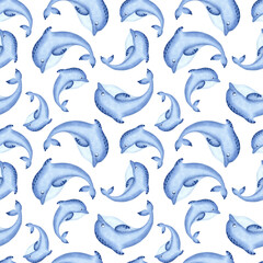 Jumping blue dolphins watercolor seamless pattern for baby designs. Cute sea animal characters illustration for children backgrounds. Hand drawn underwater inhabitants. Marine mammals in kids style.