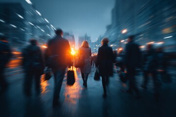 Busy city scene with commuters in motion blur and natural lighting