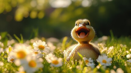 Adorable duckling among daisies in a sunlit meadow