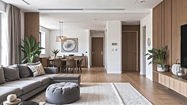 the focus is on clean lines and minimalist aesthetics in this living room. a plush grey sofa provides a comfortable seating area, while a compact pouf offers versatile functionality