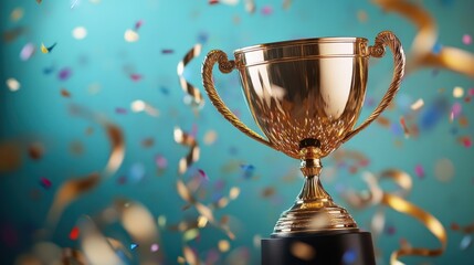 Golden trophy with colorful confetti on blue background