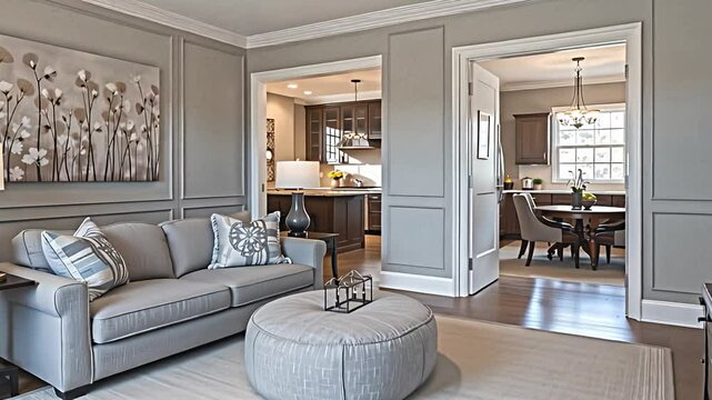 a gracefully appointed living room featuring a comfortable grey sofa and a versatile pouf, ideal for both seating and relaxation