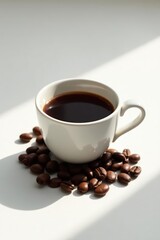 Obraz premium Aromatic Brew Morning Sunlight Illuminates a Cup of Dark Coffee Beside Roasted Beans