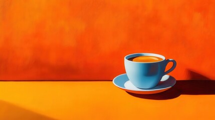 Obraz premium Blue coffee cup against vibrant orange background with dramatic shadow