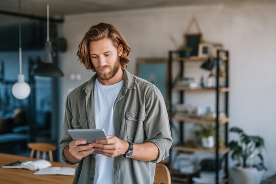 A man using a tablet in a stylish, modern workspace with natural light and plants, embodying a relaxed and productive lifestyle.