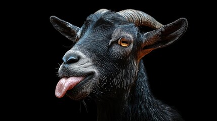 Fototapeta premium Close-up of playful black goat sticking out tongue against black background
