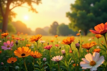 Obraz premium Golden hour sunlight illuminates a vibrant meadow filled with various colorful wildflowers, creating a picturesque summer scene.