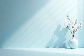 Serene White Blossoms in a Porcelain Vase Against a Light Blue Wall with Gentle Sunlight Casting Shadows