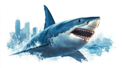 Fototapeta premium Majestic shark breaches ocean surface near bustling city skyline during bright daylight, showcasing powerful physique and sharp teeth