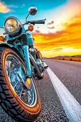 Naklejka premium A motorcycle parked on the side of a road at sunset
