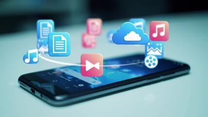 A sleek smartphone featuring various application icons floating above its screen, showcasing the integration of technology and digital connectivity in modern communication. - Powered by Adobe