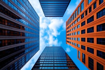 A group of tall buildings with a blue sky in the background