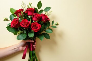 Fototapeta premium A hand gently holds a vibrant bouquet of deep red roses, elegantly tied with a burgundy ribbon, against a soft, creamy backdrop.
