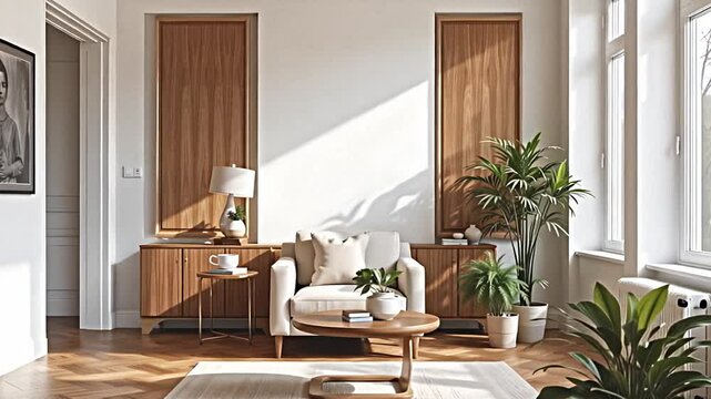 an airy and bright living room embraces a modern aesthetic with touches of warmth. a comfortable armchair, crafted with clean lines, invites relaxation next to a subtly designed coffee table