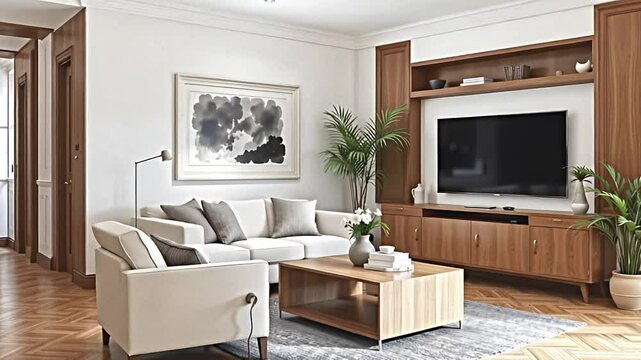 an airy and bright living room embraces a modern aesthetic with touches of warmth. a comfortable armchair, crafted with clean lines, invites relaxation next to a subtly designed coffee table