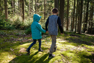 Fototapeta premium Brother and sister holding hands, walking on a path through a lush forest. Sunlight filters through the trees.