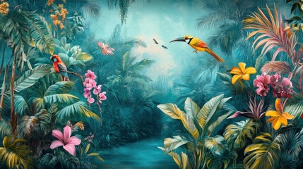 Lush tropical jungle scene, vibrant flowers and birds in a misty atmosphere,  exudes serenity