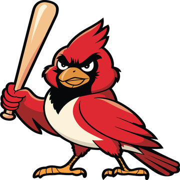A dynamic cartoon illustration of a red cardinal bird holding a baseball bat. This determined mascot has a fierce expression, ready for action. Ideal for sports teams, fan merchandise, or designs with