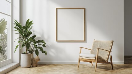 Modern interior with wooden chair, blank frame, and green plant in minimalist setting