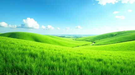Fototapeta premium Serene Rolling Hills Landscape Under a Bright Blue Sky with Fluffy White Clouds and a Winding Road