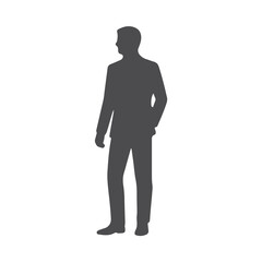 Obraz premium Silhouette of a man in a suit, hands in pockets, representing office staff or a business professional. Sleek vector design for corporate, leadership, or workplace-themed projects