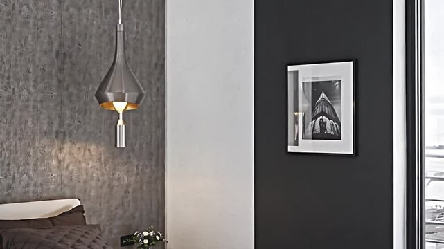 the modern bedroom features a robust concrete wall paired with dark brown linens, projecting understated luxury