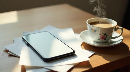 A Smartphone Resting on Blank Papers Near a Cup of Steaming Coffee on a Wooden Table in the Sunlight