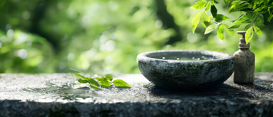 Stone Bowl Outdoors With Green Foliage