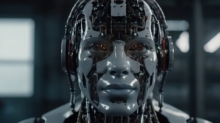 Fototapeta premium Close up shot of a humanoid robot with visible internal mechanisms and a human like face looking forward