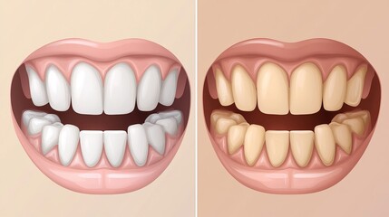 Comparison of clean and dirty teeth in a vector design promoting brushing, flossing, and dental protection