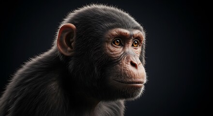 Chimpanzee Portrait Looking Right Against Dark Background