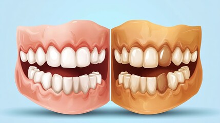 Comparison of clean and dirty teeth in a vector design promoting brushing, flossing, and dental protection